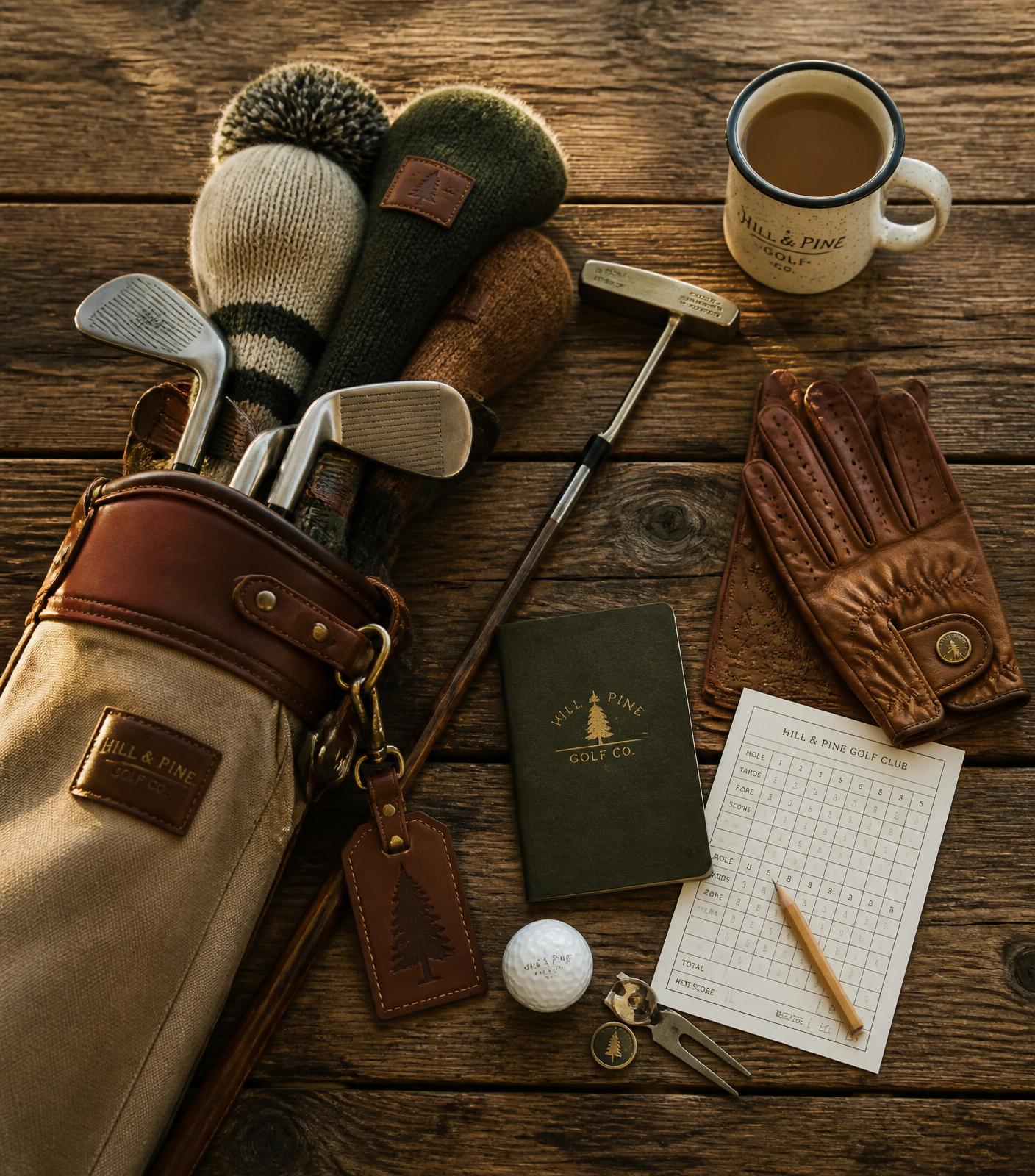 Neatly organized premium golf gear on a wooden clubhouse table at golden hour